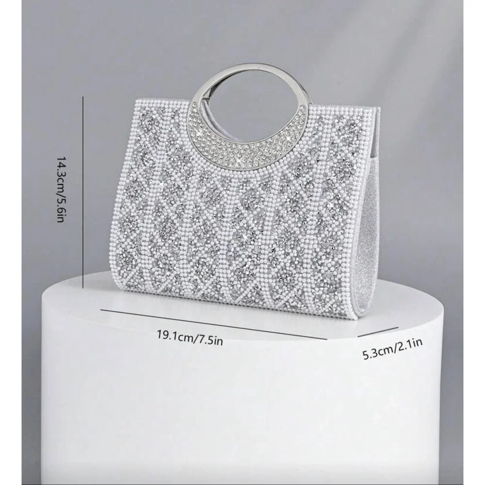 Opulaura Silver Rhinestone Pearl Evening Clutch Bag Wedding‎ Formal Crossbody
